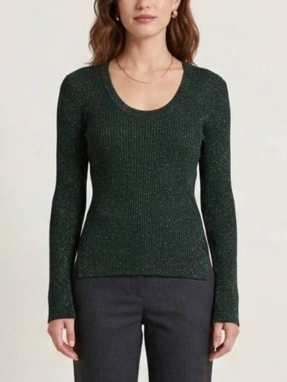NWT Apiece Apart Green Metallic Ribbed Scoop Neck Long Sleeve Sweater Top Sz L